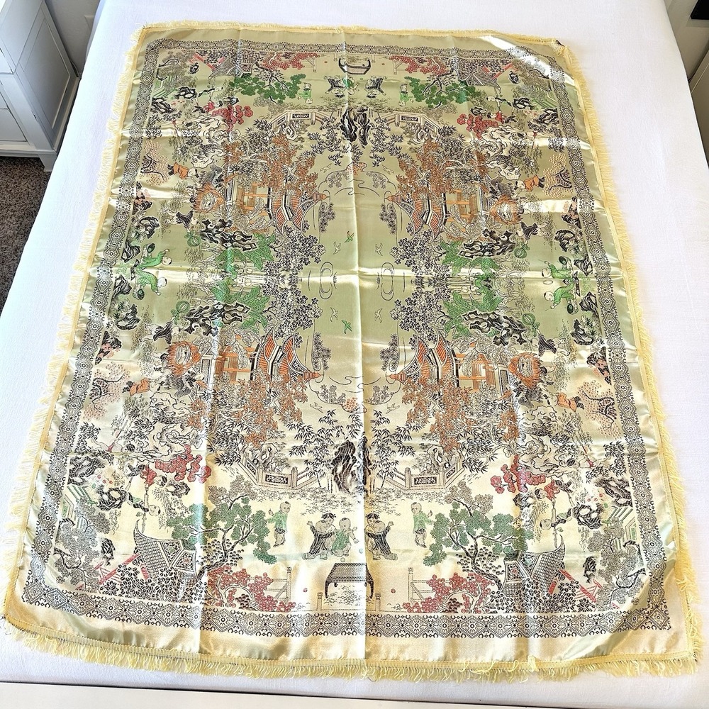 Brocade Chinese Tapestry Tablecloth 55"x71" Hundred Children Dragon Fringe MCM
